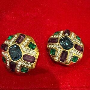 Gold-Tone Multicolor Crystal high quality Clip-On Earrings - Green, Purple, Blue